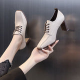 New Spring, Autumn and Winter Fashion Leather Square Head High Heels Office Work Shoes Cross Tie Casual Women's High