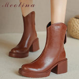 Women Genuine Leather Ankle Western Boots Round Toe Platform Block High Heel Lady Zipper Short Boot Autumn Winter