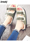 Unisex Plush Cork Slippers 2023 Women Casual Double Buckle Nubuck Leather Non-slip Men Outside Slides