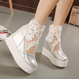 Women Crochet Lace Zipper Design Wedge Sandals High Heel Casual Ethnic Open Toe Platform Height Increasing Chunky Ladies