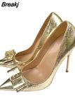 silver bow decoration gold pointed toe 8cm 10cm 12cm high thin heel dating party plus size ladies pumps YG052