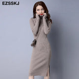 autumn winter meduim long women sweater dress split side turtleneck robe female elasticity slim bodycon knit long