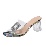 Snake Pattern Square Toe Transparent Slippers Summer New Women Shoes Casual Brief Fashion Rhinestones Women
