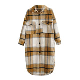 Vintage Plaid Long Woolen Coat Women Long Sleeve Pockets Overcoat Female Turn Down Collar Loose Outerwear Coats