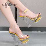 Glowing Sandals Women 2023 Summer New Flowers Transparent High Heels 14.5cm Platform Thick heel Ladies Banquet