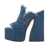 Platform Slippers Women Sexy Peep Toe Super-high Heel Sandals Large Size Fashion Designer Denim Fringe Women Mules