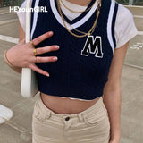 Letter Print Knitted Tank Sweater Vest Women Sleeveless V Neck Vintage Crop Top Preppy Style Vintage
