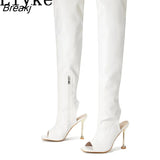 White Leather Thigh High Over The Knee Boots Sexy Open Toe Stripper Heels Booties Fashion Zip Motorcycle Shoes Women