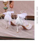 Woman Shoe Summer High Heels Navy Blue Pumps Lace-Up Hollow 2023 Sweet Pointed Wedge Burgundy Beige Orange Bridal Low