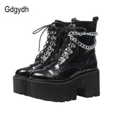Patent Leather Gothic Black Boots Women Heel Sexy Chain Chunky Heel Platform Boots Female Punk Style Ankle Boots