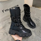 ANKLE BOOTS Goth Boots Woman Winter 2023 Platform Shoes Sneakers Studded Belt Buckle Punk Army Chunky Heels Mid Calf