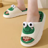 Cute Frog Home Slippers for Women Thick Sole Non Slip House Shoes Woman Cotton Linen Couple Indoor Slippers Funny