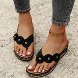 Women 2023 Summer Floral Wedges Flip Flops Pu Sewing Bohovintage Flower Outdoor Slippers Ladies Casual Beach Shoes