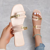 Women's Slippers 2023Summer Gold color Thin belt combination Square Head Flat Heel Female plus size outdoor beach women