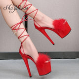 Waterproof Platform Sandals 2023 Summer New Women Shoes Fur Cross straps High Heels 16.5cm Stiletto Model Catwalk