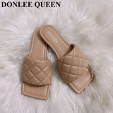 Size 35-41 Slippers Women Flat Square Toe Slides Beach Flip Flops Fashion Embroidery Sandal Gingham Slipper Apple Green