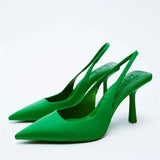 Breakj 2025 New Pointed Thin Heel Single Shoes Behind The Empty Sandals High Heel Shoes Green Women's