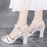 Heel Sandals 2023 Summer New White High Heel Women's Shoes Fashion Versatile One Word Buckle In The Heel Fish Mouth Shoes