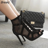 Black Summer Sandals Lace Up Cross-tied Peep Toe High Heel Ankle Strap Net Surface Hollow Out Sandals