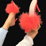 sexy feather woman slippers transparent perspex high heels fur stiletto peep toe mules lady slides shoes rose plus