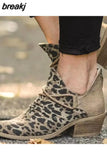 Women Footwear Autumn Leopard Canvas Shallow Ankle Boots 2023 Casual Ladies Zip Mid Heels Pointed Toe Female Woman Flats