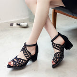 Spring And Summer Korean Version Of The Heel Fish Mouth Hollow Sandals Women Zipper Thick Heel Rhinestone Women's Shoes Plus
