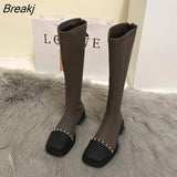 Winter New Mix Color Women Long Boot Fashion Flats Heels Square Toe Knee High Boot Back Zipper Riding