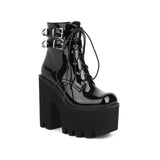 Gothic Punk Womens Platform Ankle Boots Black Buckle Strap Zipper Wedges Shoes Chunky Heel Combat Boots Plus Size