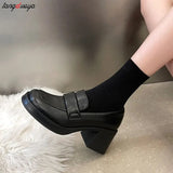 Loafers heels Platform Shoes Casual Slip-On Loafers Round Toe Shoes Woman Chunky Heel Women Shoes Zapatos De Mujer