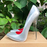Women Red Inside Pumps 16cm Extreme Metal High Heels Black Sexy Pointy Toe Stilettos Man Fetish Model Club