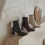 Shoes Split Leather Zipper Square Toe High Heels Women Ankle Boots Korea Style Simple Boots Office Ladies Elegant