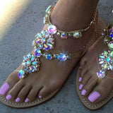 Sandals Women Shoes Rhinestones Chains Thong Gladiator Flat Sandals Crystal Chaussure Plus