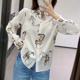 Horse Print Turndown Collar Satin Shirt Female Long Sleeve Blouse Casual Lady Loose Tops Blusas