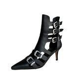Summer Woman Boots Pointed Toe Split Leather Ladies Shoes 7 CM European Gladiator Botas Autumn Buckle Shoes Roman
