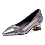 Leather Pointed Toe Shallow Casual Low Heels Shoes Luxury Rhinestone Non-Slip Office Shoes Vintage Slip On Women Single
