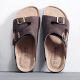 Men's Cow Suede Leather Mule Clogs Slippers High Quality Soft Cork Two Buckle Slides Footwear For Men Women Unisex