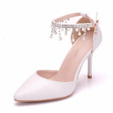 Queen White Pearls Tassel Chain Sandals Thin High Heels Pointed Toe Mary-Janes Stiletto Rhinestone Weddding