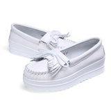 Flat platform bow tie women autumn loafers lace-up tassels genuine leather casual moccasins comfortable shoes