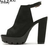 Women Chunky Platform Sandals Summer Flock Thick High Heels Open Toe Ankle Buckle Strap Ladies Shoes