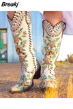 High Quality Shoes Woman Big Size 34-43 Embroider Vintage Westren Boots Square Toe Mid-calf Chunky Heels