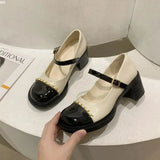 Women's Summer Footwear on Heeled Round Toe Shoes for Woman 2023 Gothic Mary Jane Pumps High Heels Normal Leather Casual Black