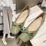 Women Bow Flats Leather Slip on Flat Shoes For Woman Shallow Single Shoes Butterfly Knot Loafers Green Ladies Boat Shoes