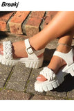 Ladies Leather Sandals 2023 New Summer Rhombus Plaid Sandals Casual Buckle Flat Platform Platform Sandals for