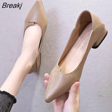 Women Leather Pumps Shoes Office Lady Med Square Heel Pointy Toe Slip On Work Shoes Classic Heel 4