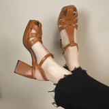 Hollow Out Roman High-Heeled Women Summer Season New Fashion Square Head Back Empty Thick With One Word Buckle Sandal
