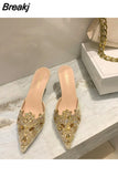 Glitter Slides Woman's Slippers String Bead Thin Heels Pointed Toe Heeled Mules Jelly 2023 Soft High Crystal Rubber