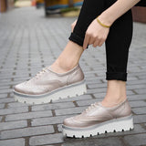 Spring Genuine Leather Brogue Shoes Women Silver Flat Platform Height Increasing 7cm Loafers Shoes For Women Big