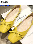 Women Bow Flats Leather Slip on Flat Shoes For Woman Shallow Single Shoes Butterfly Knot Loafers Green Ladies Boat Shoes