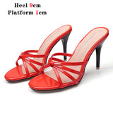 New Red Women Slippers Summer Heels Party Sandals Sexy Bottom Ladies Party Shoes Thin Heels Slides Narrow Band Women
