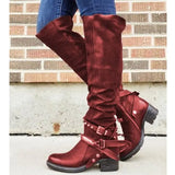 Women Winter Leather Punk style knee boots Vintage stud zip Women's boots with belt buckle Plus Size
